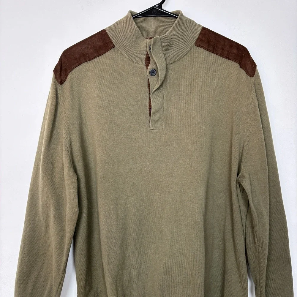 John Bartlett Men Henley Sweater Large Olive Green Elbow Patches Academia Preppy